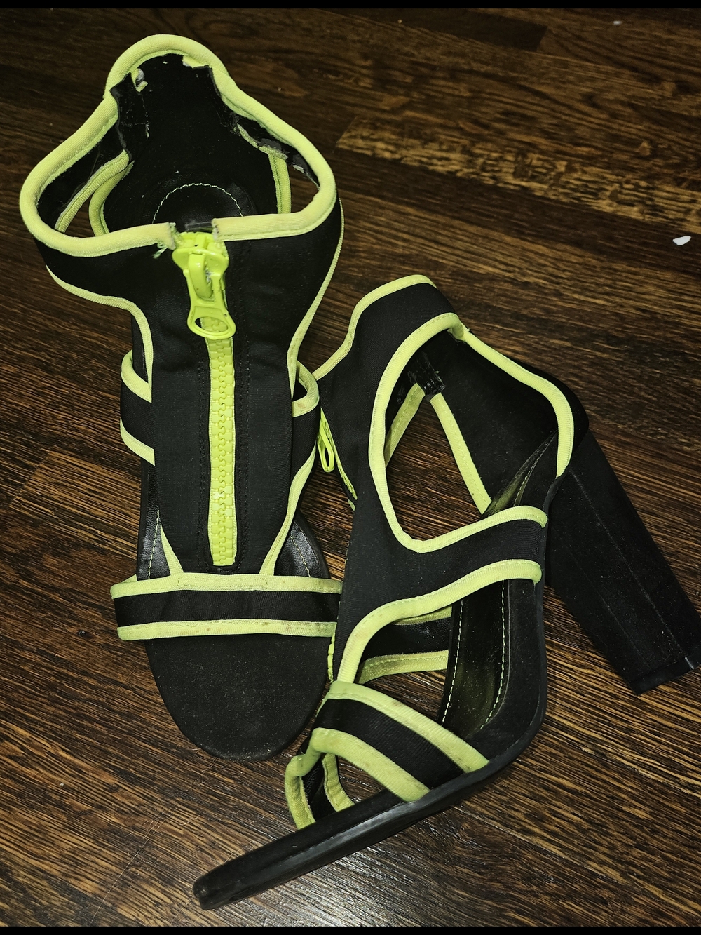 80's, 90's! Black & Neon Green Strappy Block Heel Sandals - Women